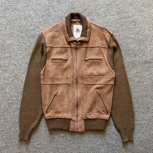 Vintage Brown Zip Up Suede Knit Sweater Cardigan Men M Leather Bomber Jacket 90s
